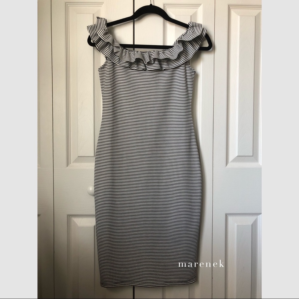 ZARA Striped Off the Shoulder Ruffle Bodycon Dress
